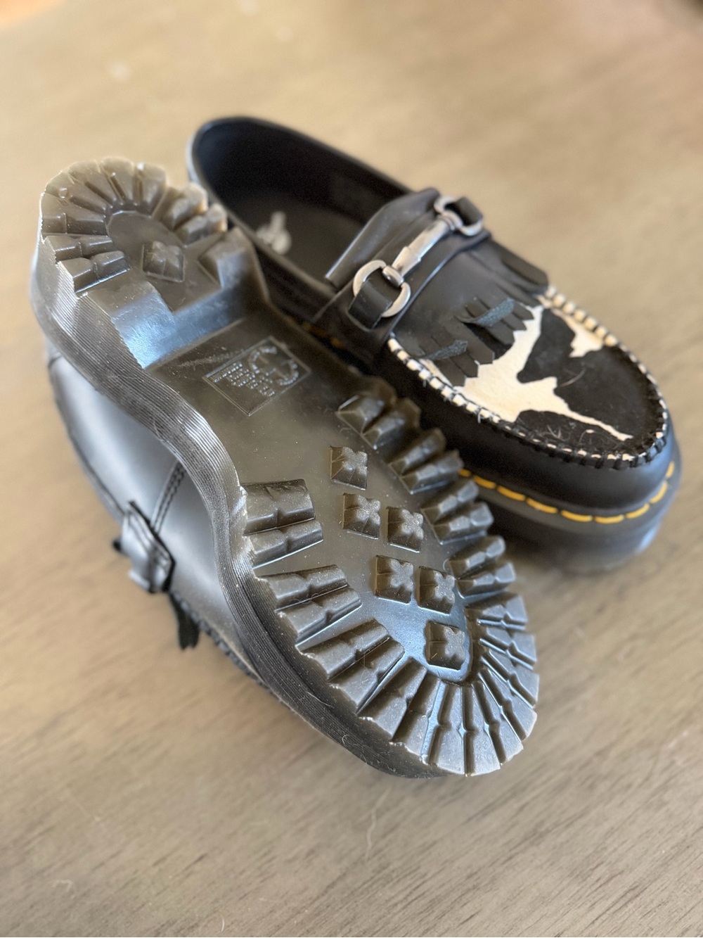 Kids Black Leather Fringe Loafers with Cow Print Accent